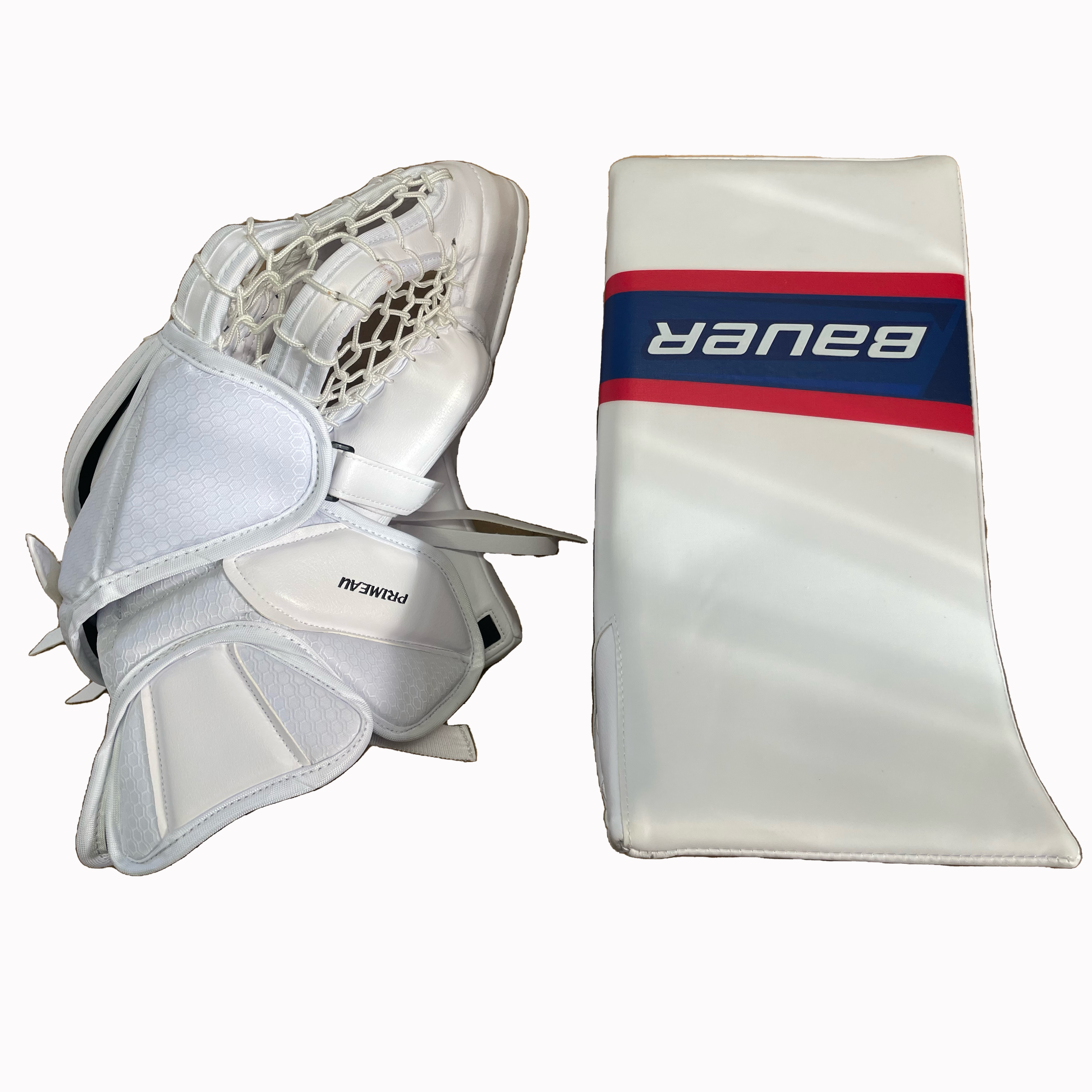 Bauer Vapor Hyperlite - Ensemble de gants de gardien senior Pro Stock neufs (blanc/bleu/rouge)